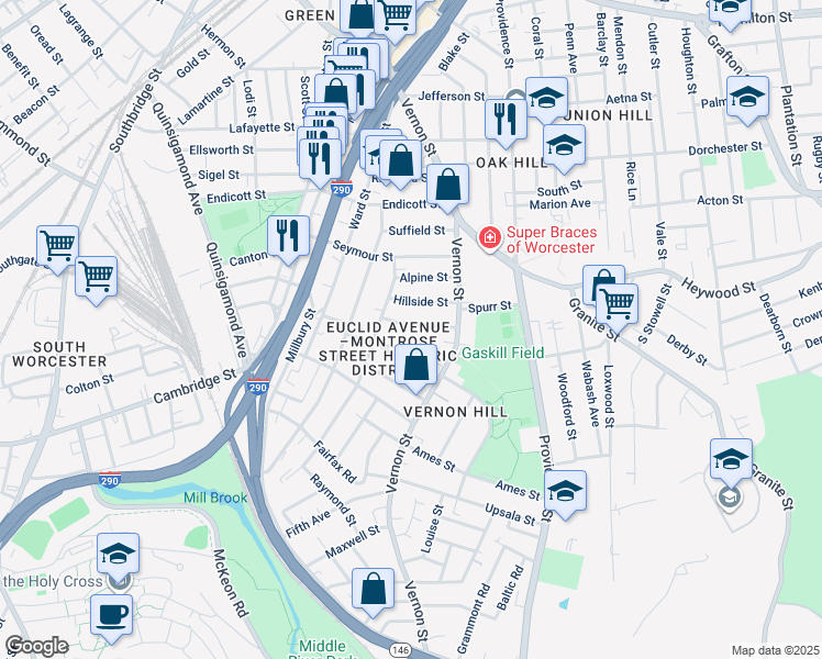 map of restaurants, bars, coffee shops, grocery stores, and more near 8A Hillside Street in Worcester