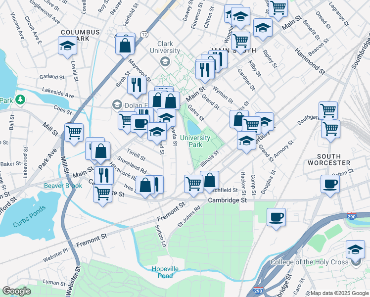 map of restaurants, bars, coffee shops, grocery stores, and more near 18 Crystal Street in Worcester