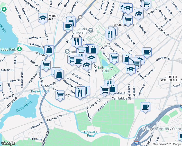 map of restaurants, bars, coffee shops, grocery stores, and more near 9 Freeland Street in Worcester