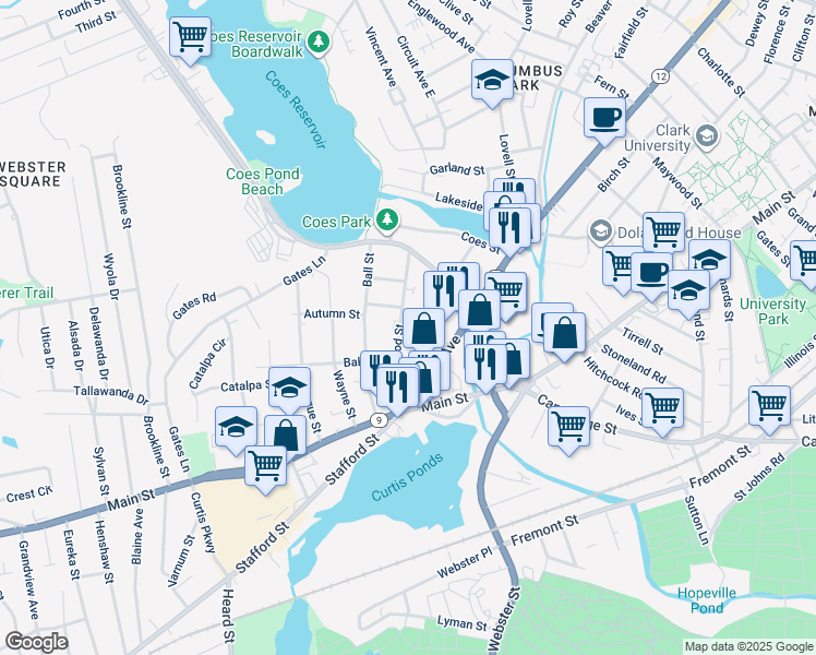 map of restaurants, bars, coffee shops, grocery stores, and more near 72 Lakewood Street in Worcester