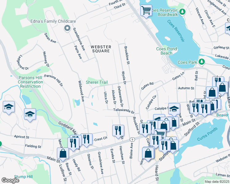 map of restaurants, bars, coffee shops, grocery stores, and more near 36 Delawanda Drive in Worcester