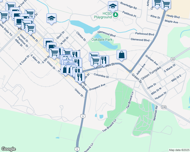 map of restaurants, bars, coffee shops, grocery stores, and more near 3 Frederick Street in Hudson