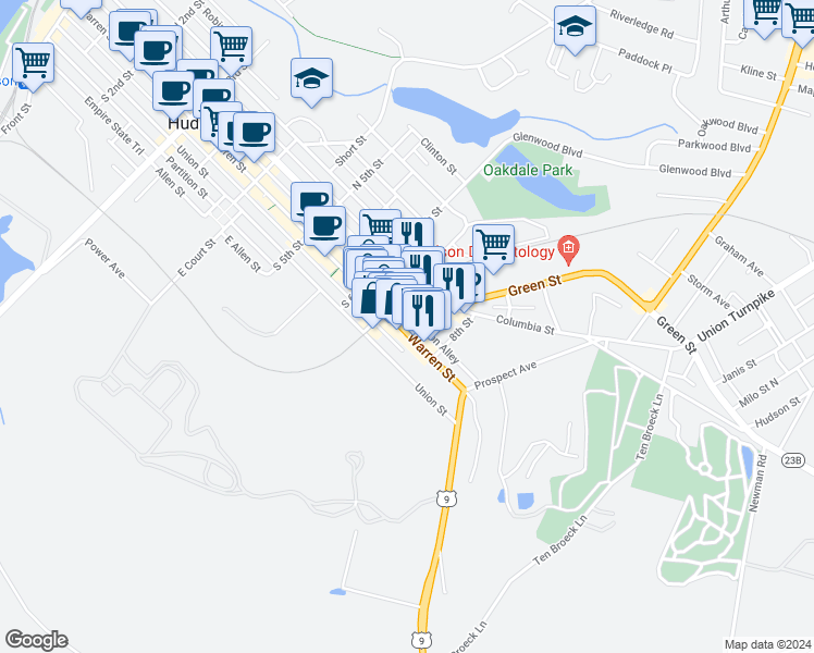 map of restaurants, bars, coffee shops, grocery stores, and more near 721 Columbia Street in Hudson