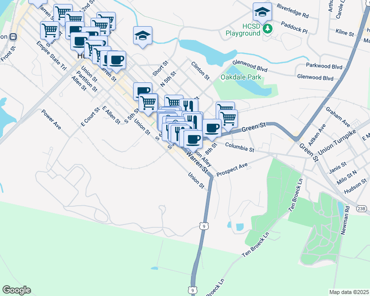 map of restaurants, bars, coffee shops, grocery stores, and more near 624 Warren Street in Hudson
