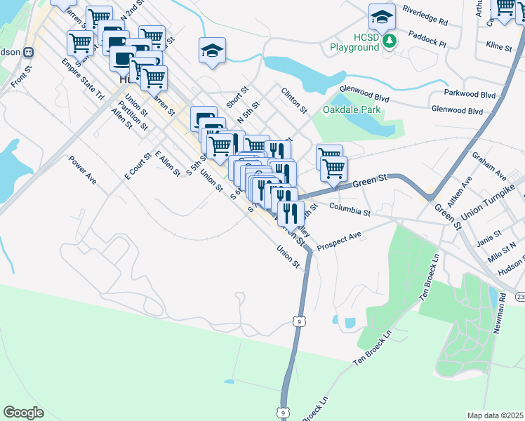 map of restaurants, bars, coffee shops, grocery stores, and more near 624 Warren Street in Hudson