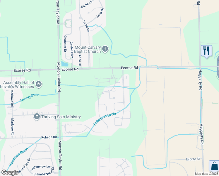 map of restaurants, bars, coffee shops, grocery stores, and more near 7620 Lacy Drive in Van Buren Charter Township