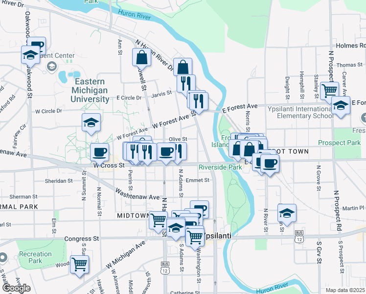 map of restaurants, bars, coffee shops, grocery stores, and more near 502 North Adams Street in Ypsilanti