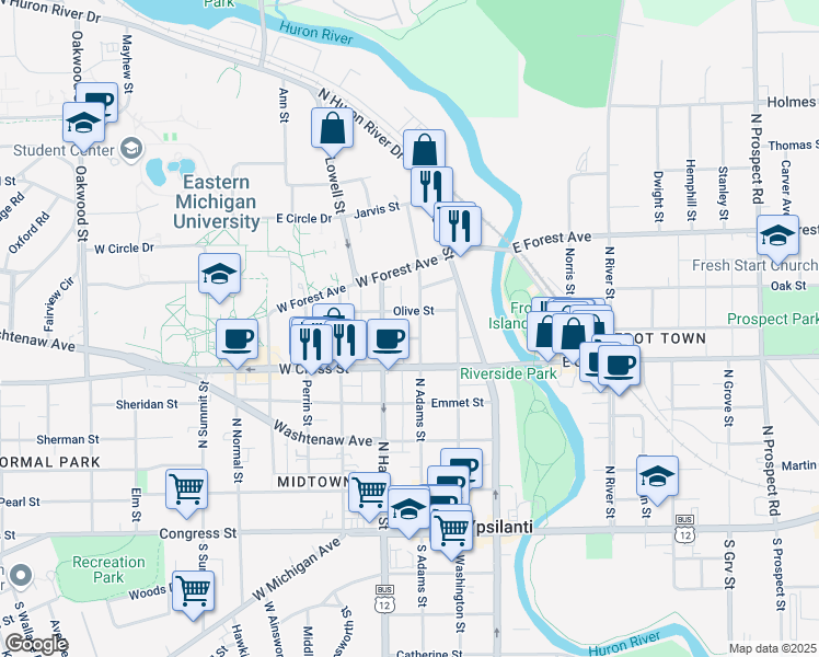 map of restaurants, bars, coffee shops, grocery stores, and more near 502 North Adams Street in Ypsilanti