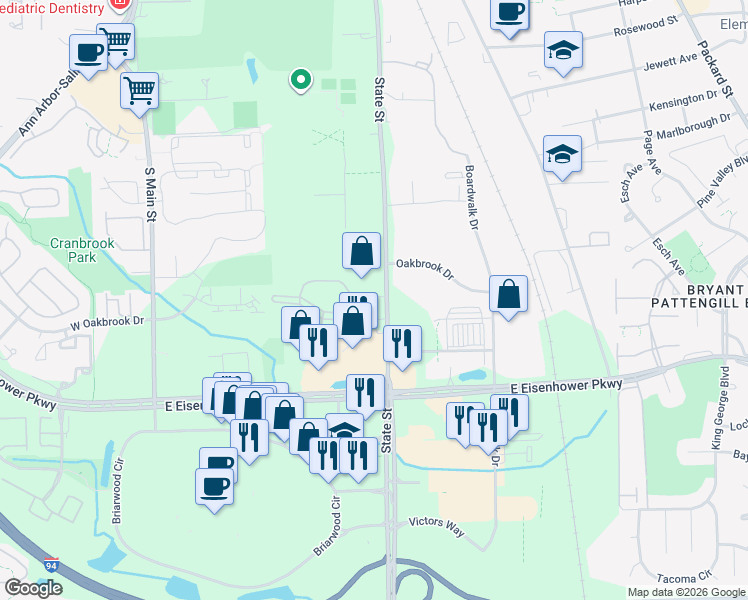 map of restaurants, bars, coffee shops, grocery stores, and more near 600-650 Hidden Valley Club Drive in Ann Arbor