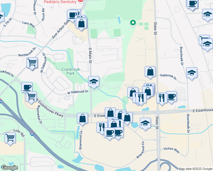 map of restaurants, bars, coffee shops, grocery stores, and more near 250 West Oakbrook Drive in Ann Arbor