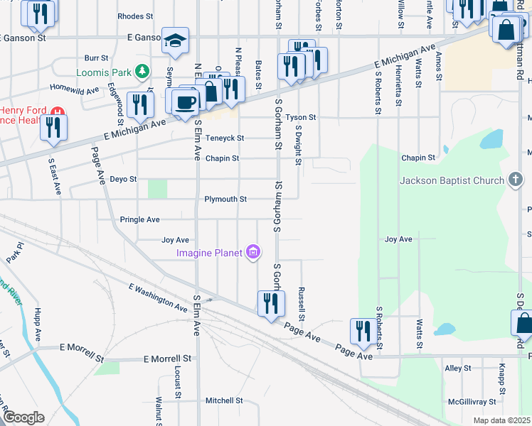 map of restaurants, bars, coffee shops, grocery stores, and more near 1819 Plymouth Street in Jackson