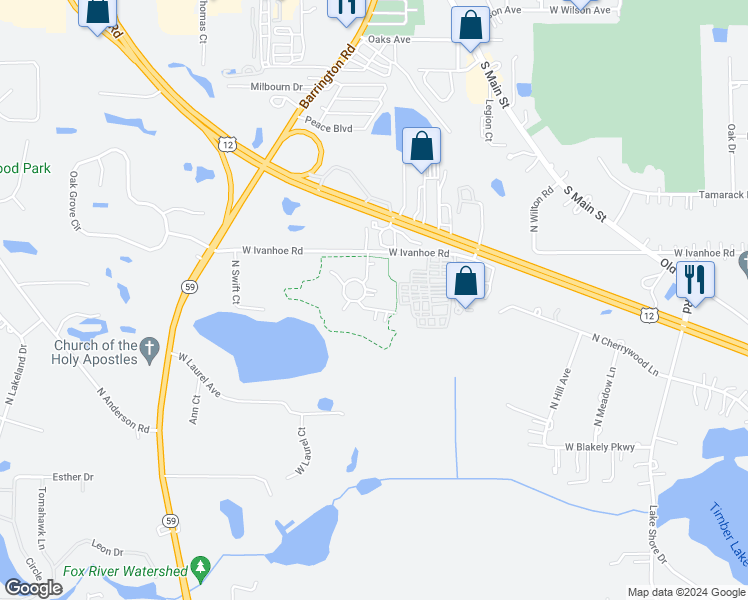 map of restaurants, bars, coffee shops, grocery stores, and more near 26383 Penway Circle in Wauconda
