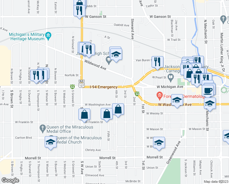 map of restaurants, bars, coffee shops, grocery stores, and more near 106 4th Street in Jackson