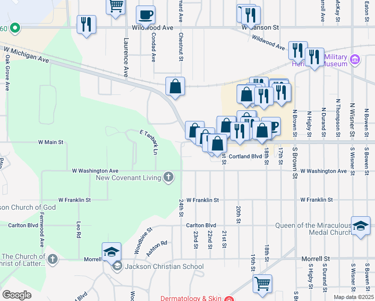 map of restaurants, bars, coffee shops, grocery stores, and more near 2319 West Main Street in Jackson