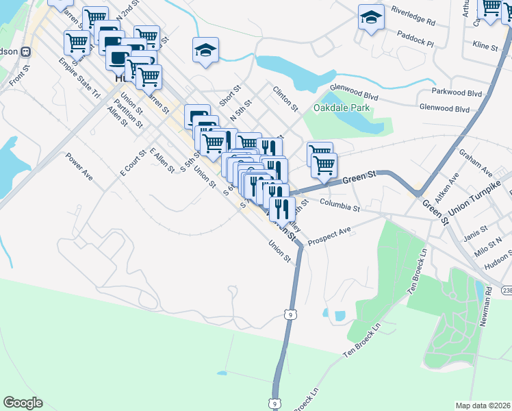 map of restaurants, bars, coffee shops, grocery stores, and more near 624 Warren Street in Hudson