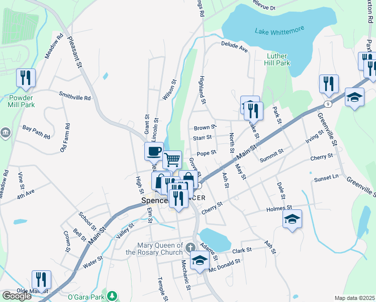 map of restaurants, bars, coffee shops, grocery stores, and more near 23 Grove Street in Spencer