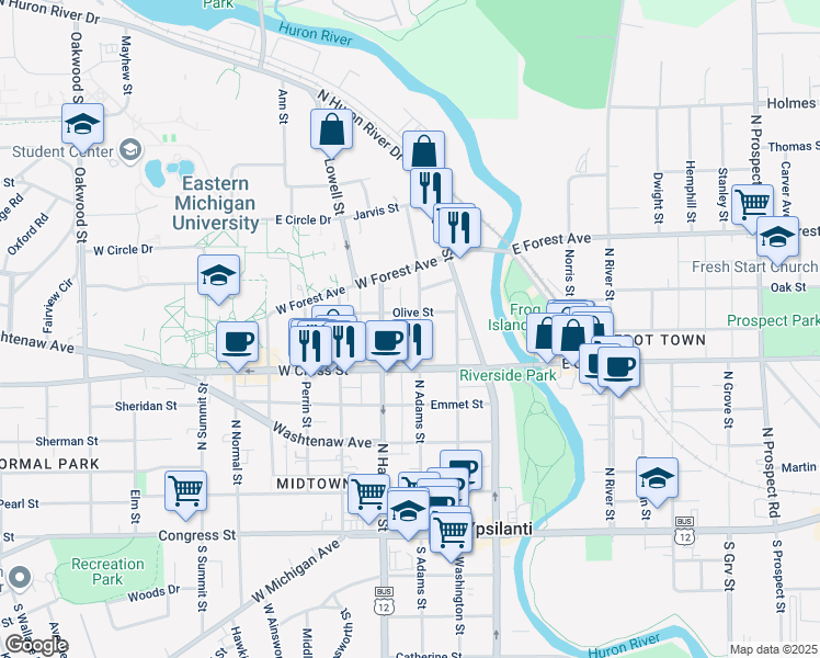 map of restaurants, bars, coffee shops, grocery stores, and more near 502 North Adams Street in Ypsilanti
