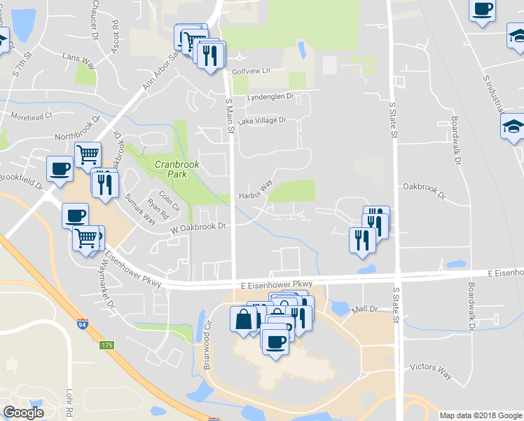 map of restaurants, bars, coffee shops, grocery stores, and more near 139 Oakbrook Drive in Ann Arbor