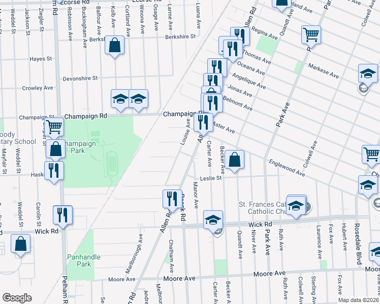 map of restaurants, bars, coffee shops, grocery stores, and more near 469 Louise Avenue in Allen Park