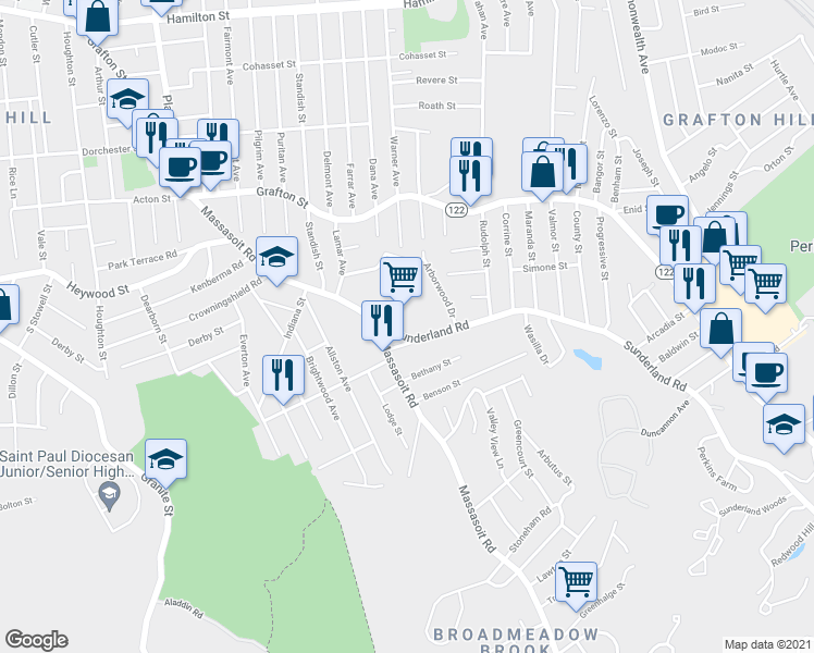 map of restaurants, bars, coffee shops, grocery stores, and more near 29 Sunderland Road in Worcester