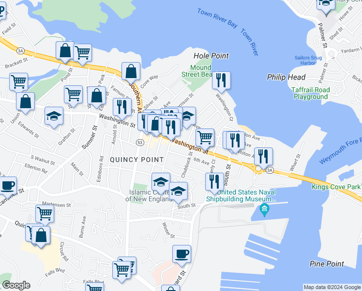 map of restaurants, bars, coffee shops, grocery stores, and more near in Quincy