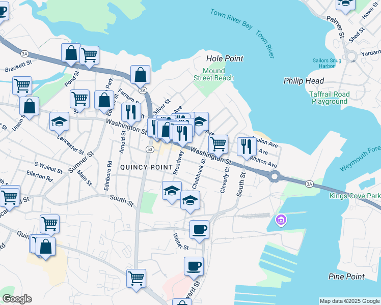 map of restaurants, bars, coffee shops, grocery stores, and more near 532 Washington Street in Quincy