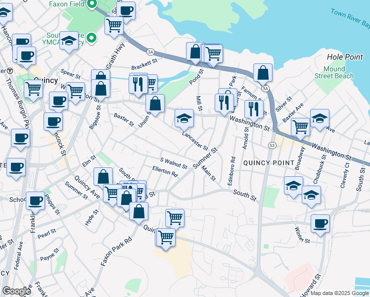 map of restaurants, bars, coffee shops, grocery stores, and more near 49 Lancaster Street in Quincy