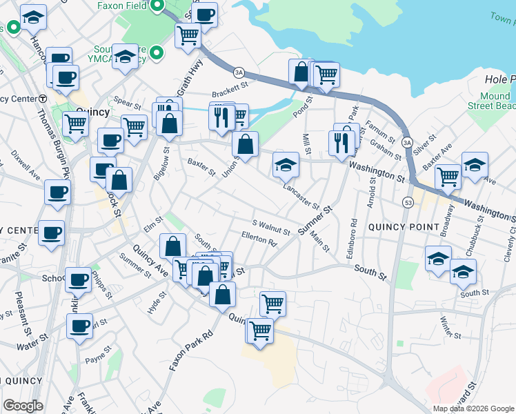 map of restaurants, bars, coffee shops, grocery stores, and more near 111 Edwards Street in Quincy