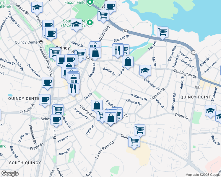 map of restaurants, bars, coffee shops, grocery stores, and more near 17 Union Street in Quincy