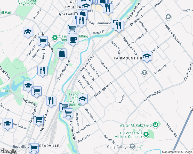 map of restaurants, bars, coffee shops, grocery stores, and more near 35 Garfield Avenue in Boston