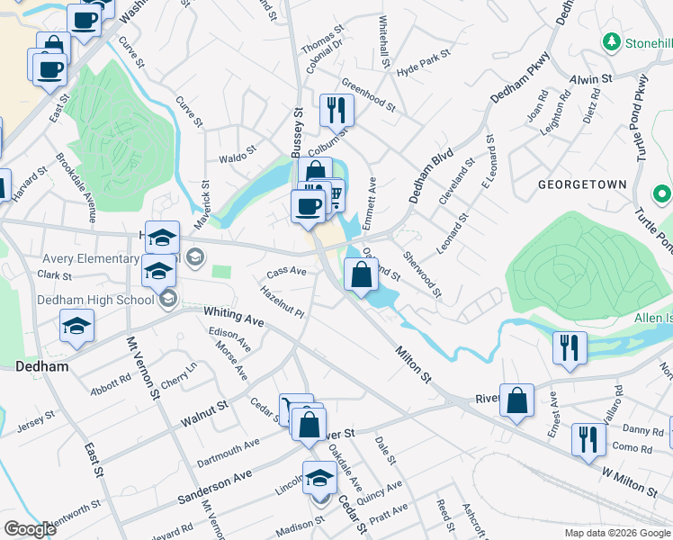 map of restaurants, bars, coffee shops, grocery stores, and more near in Dedham