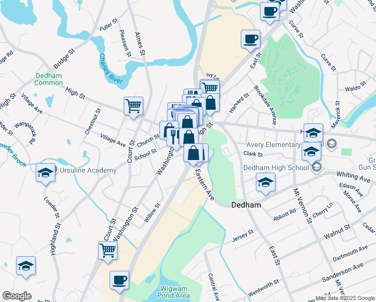 map of restaurants, bars, coffee shops, grocery stores, and more near 10 Eastern Avenue in Dedham