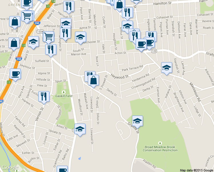 map of restaurants, bars, coffee shops, grocery stores, and more near 13 South Stowell Street in Worcester