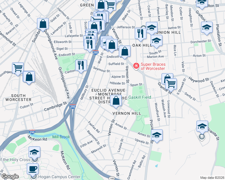map of restaurants, bars, coffee shops, grocery stores, and more near 35 Sterling Street in Worcester