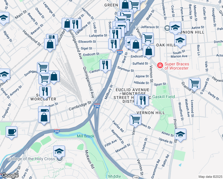 map of restaurants, bars, coffee shops, grocery stores, and more near in Worcester