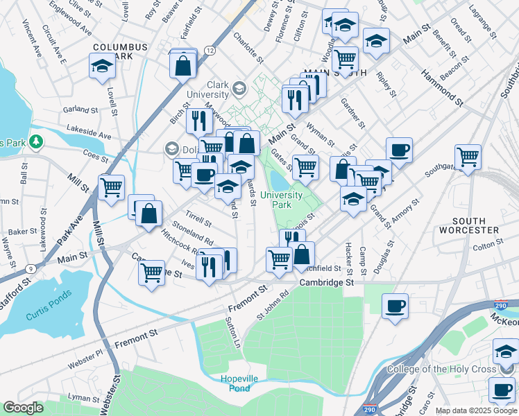 map of restaurants, bars, coffee shops, grocery stores, and more near 18 Crystal Street in Worcester