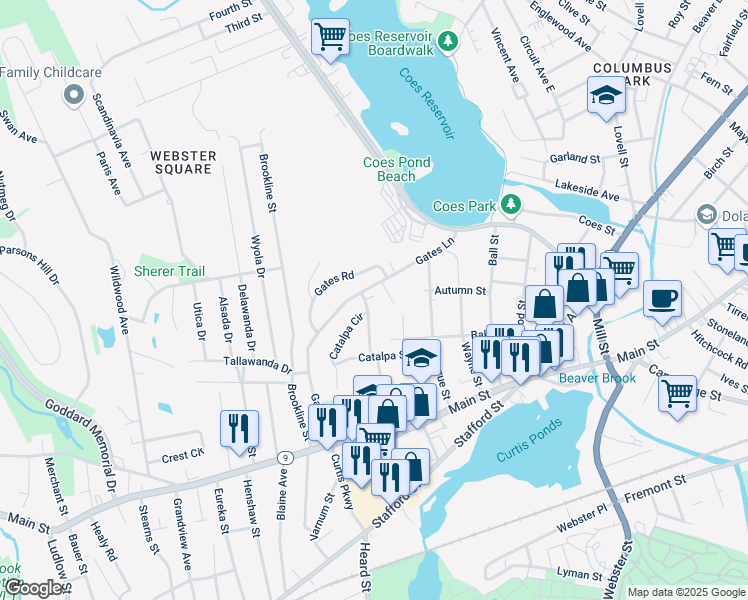 map of restaurants, bars, coffee shops, grocery stores, and more near 1 Roseville Lane in Worcester
