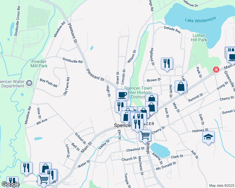 map of restaurants, bars, coffee shops, grocery stores, and more near 46 Pleasant Street in Spencer