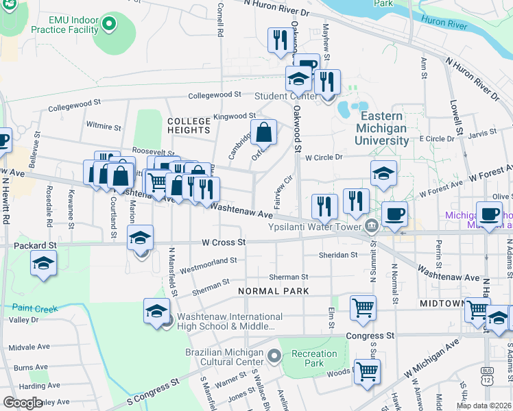 map of restaurants, bars, coffee shops, grocery stores, and more near 503 Roosevelt Street in Ypsilanti