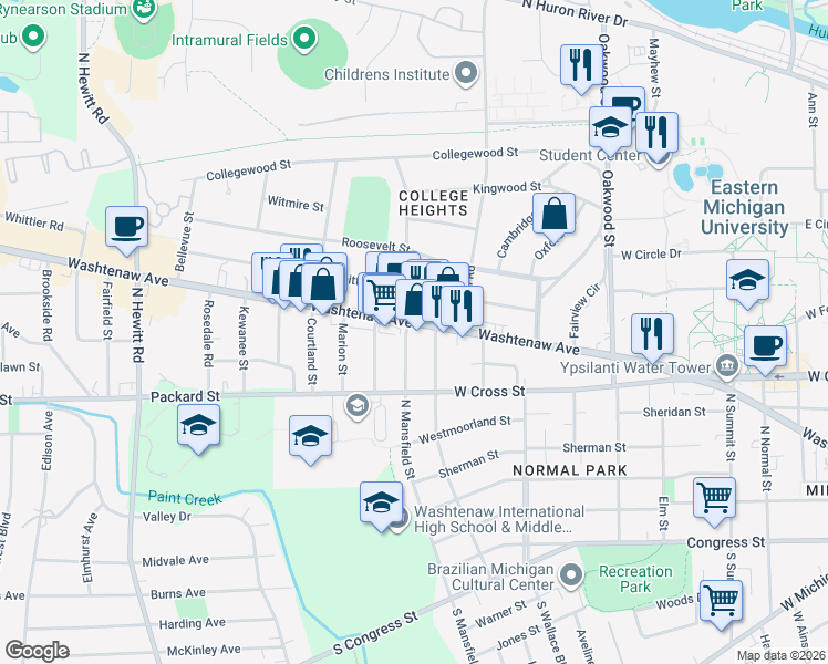 map of restaurants, bars, coffee shops, grocery stores, and more near 1490 Michigan 17 in Ypsilanti