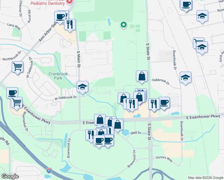 map of restaurants, bars, coffee shops, grocery stores, and more near 325 Briarcrest Drive in Ann Arbor