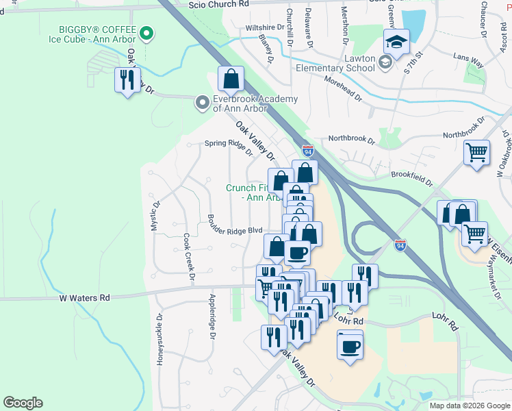 map of restaurants, bars, coffee shops, grocery stores, and more near 2837 Silver Spring Drive in Ann Arbor
