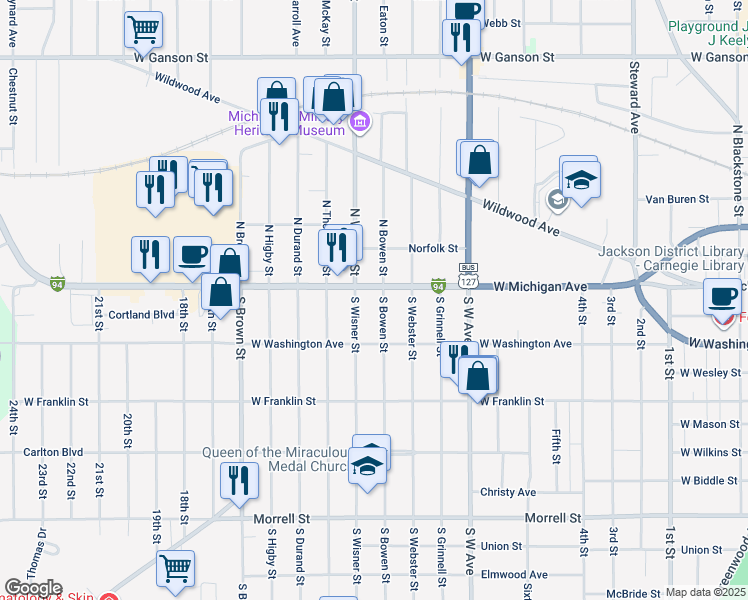 map of restaurants, bars, coffee shops, grocery stores, and more near 1104 West Michigan Avenue in Jackson