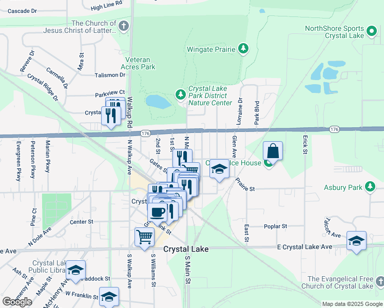 map of restaurants, bars, coffee shops, grocery stores, and more near 222 Ellsworth Street in Crystal Lake