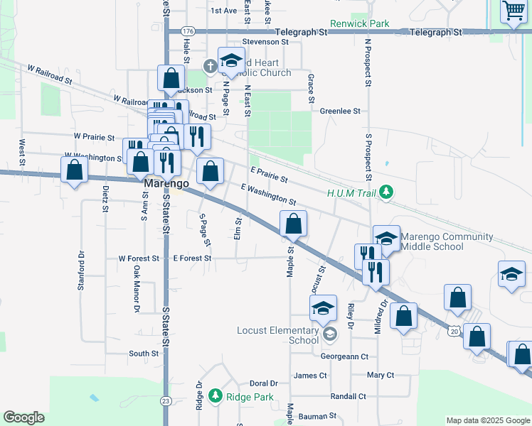 map of restaurants, bars, coffee shops, grocery stores, and more near 603 East Washington Street in Marengo