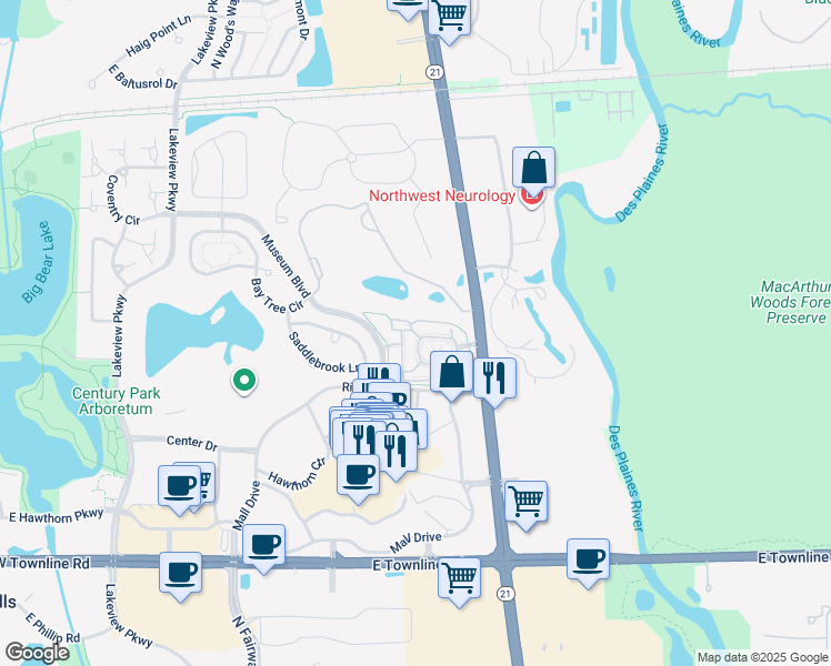 map of restaurants, bars, coffee shops, grocery stores, and more near 1139 Museum Boulevard in Vernon Hills