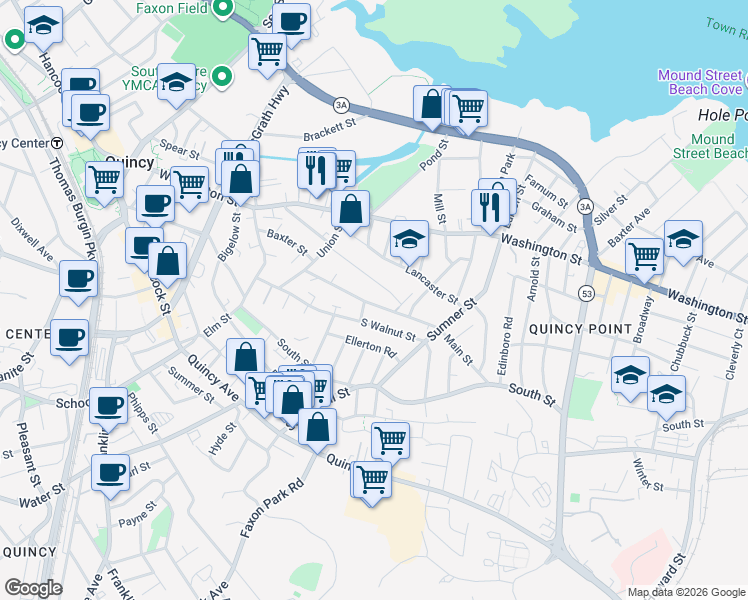 map of restaurants, bars, coffee shops, grocery stores, and more near 111 Edwards Street in Quincy