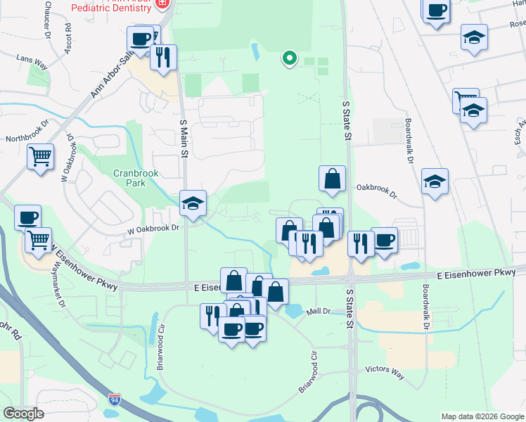 map of restaurants, bars, coffee shops, grocery stores, and more near 325 Briarcrest Drive in Ann Arbor