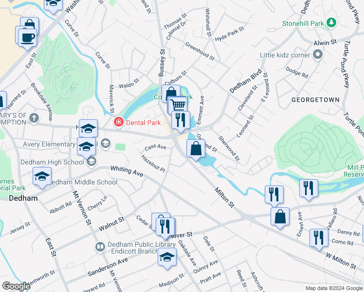 map of restaurants, bars, coffee shops, grocery stores, and more near in Dedham