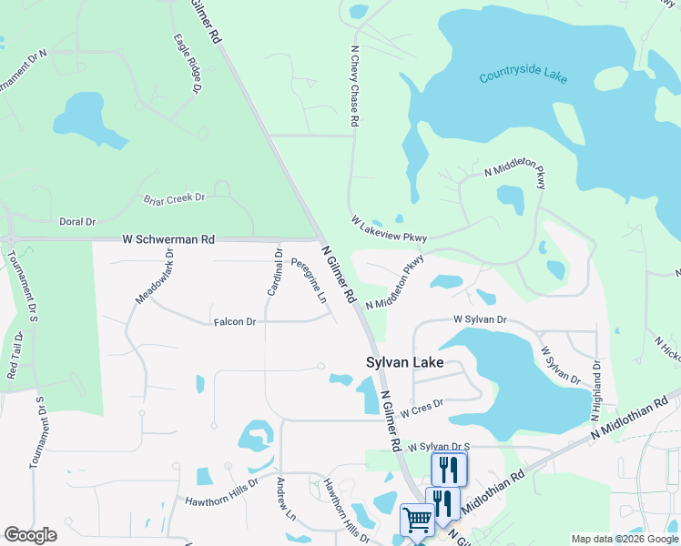 map of restaurants, bars, coffee shops, grocery stores, and more near Gilmer Road in Hawthorn Woods